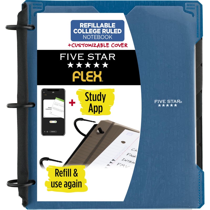 Five Star Flex Refillable Notebook + Study App, College Ruled Paper and 1 Inch TechLock Ring Binder with Customizable Cover, Pockets, Tabs and Dividers, 200 Sheet Capacity, Pacific Blue (29326AD2) - Image 1